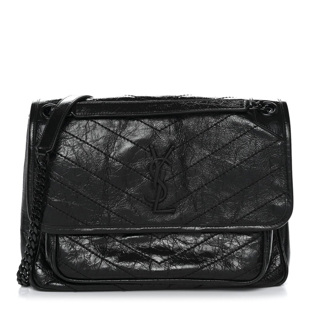 Crinkled Calfskin Matelasse Monogram Medium Niki Chain Satchel Black