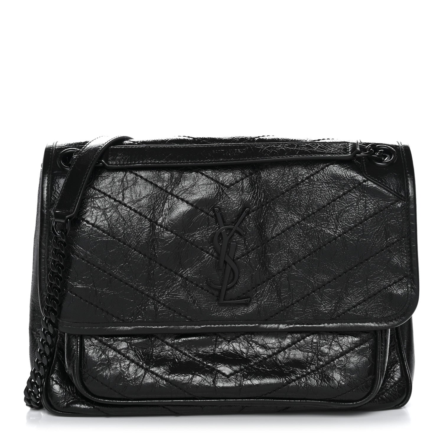 Crinkled Calfskin Matelasse Monogram Medium Niki Chain Satchel Black