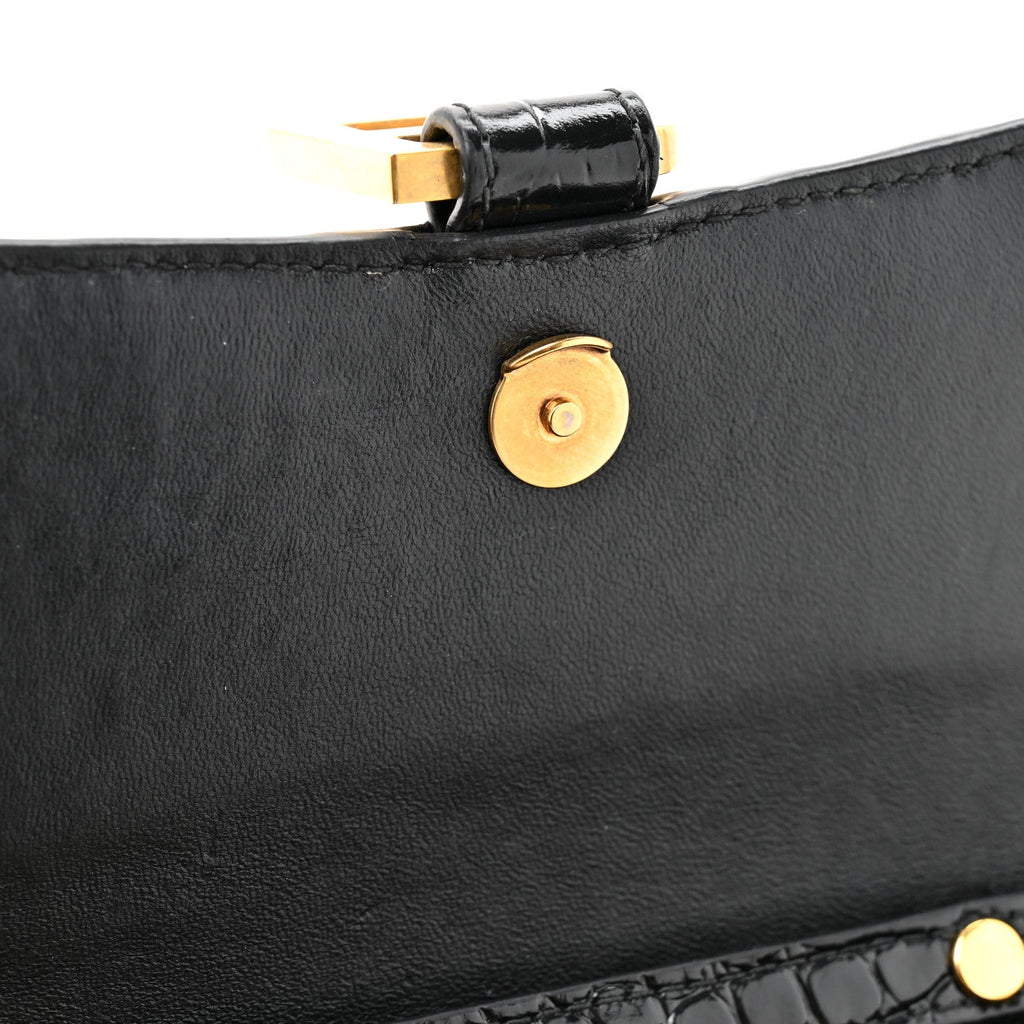 Shiny Calfskin Crocodile Embossed Hourglass Chain Bag Black