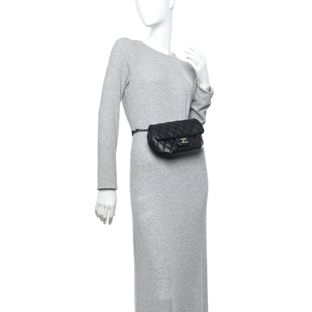 Calfskin Quilted CC Uniform Flap Belt Bag Black