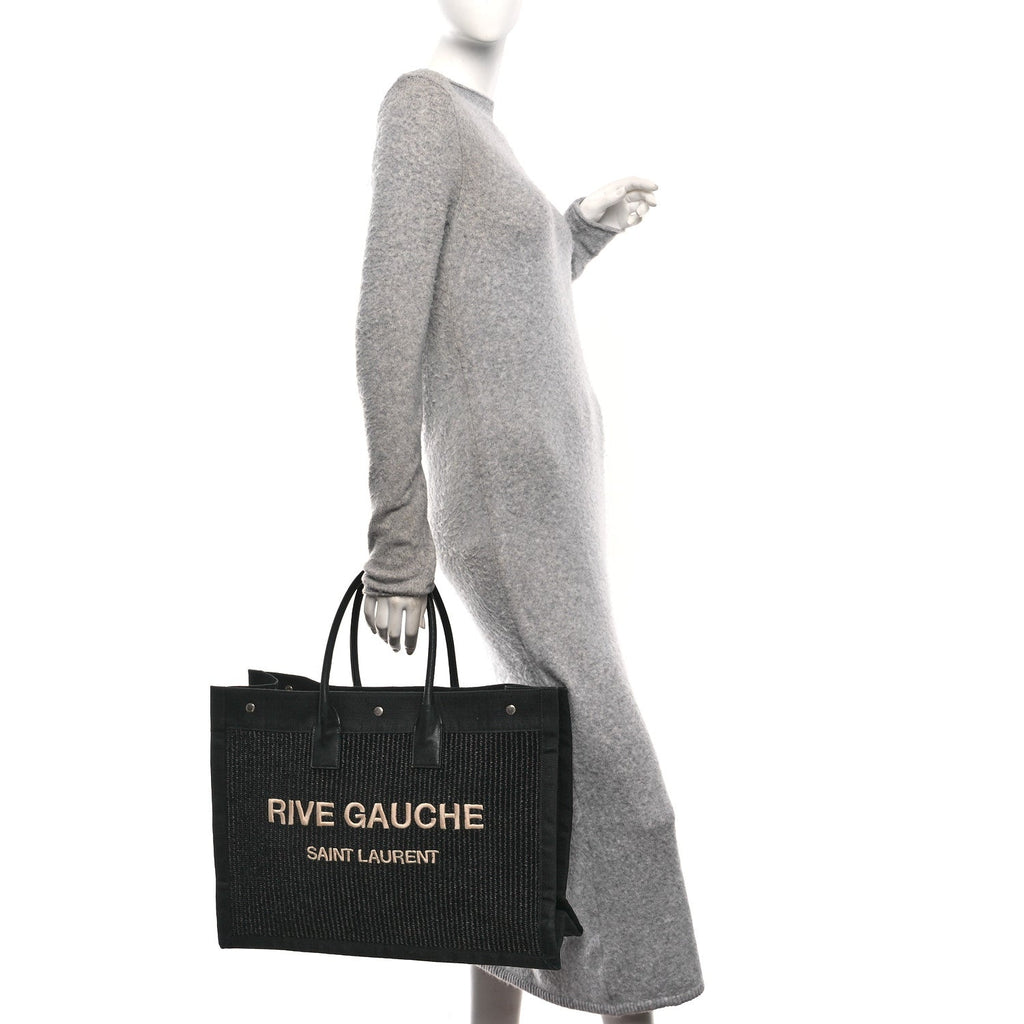 Raffia Linen Calfskin Rive Gauche Tote Black