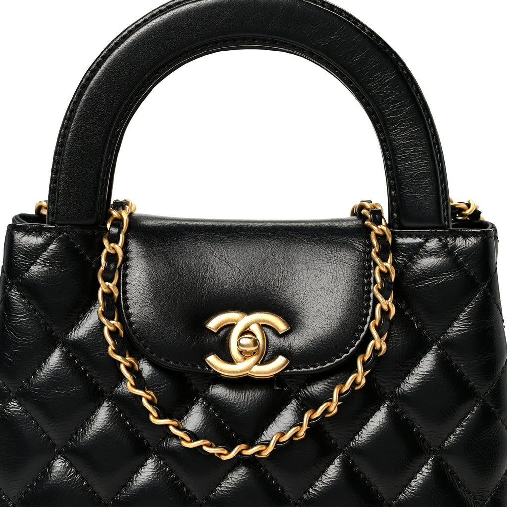 Shiny Aged Calfskin Quilted Nano Kelly Shopper Black