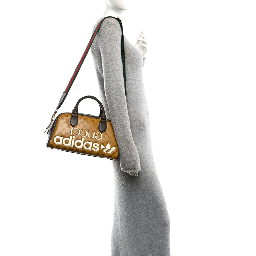 X ADIDAS Crystal Vintage Monogram Textured Dollar Calfskin Web Trefoil Logo Mini Bowling Bag Mid Natural Nut Off White New Acero