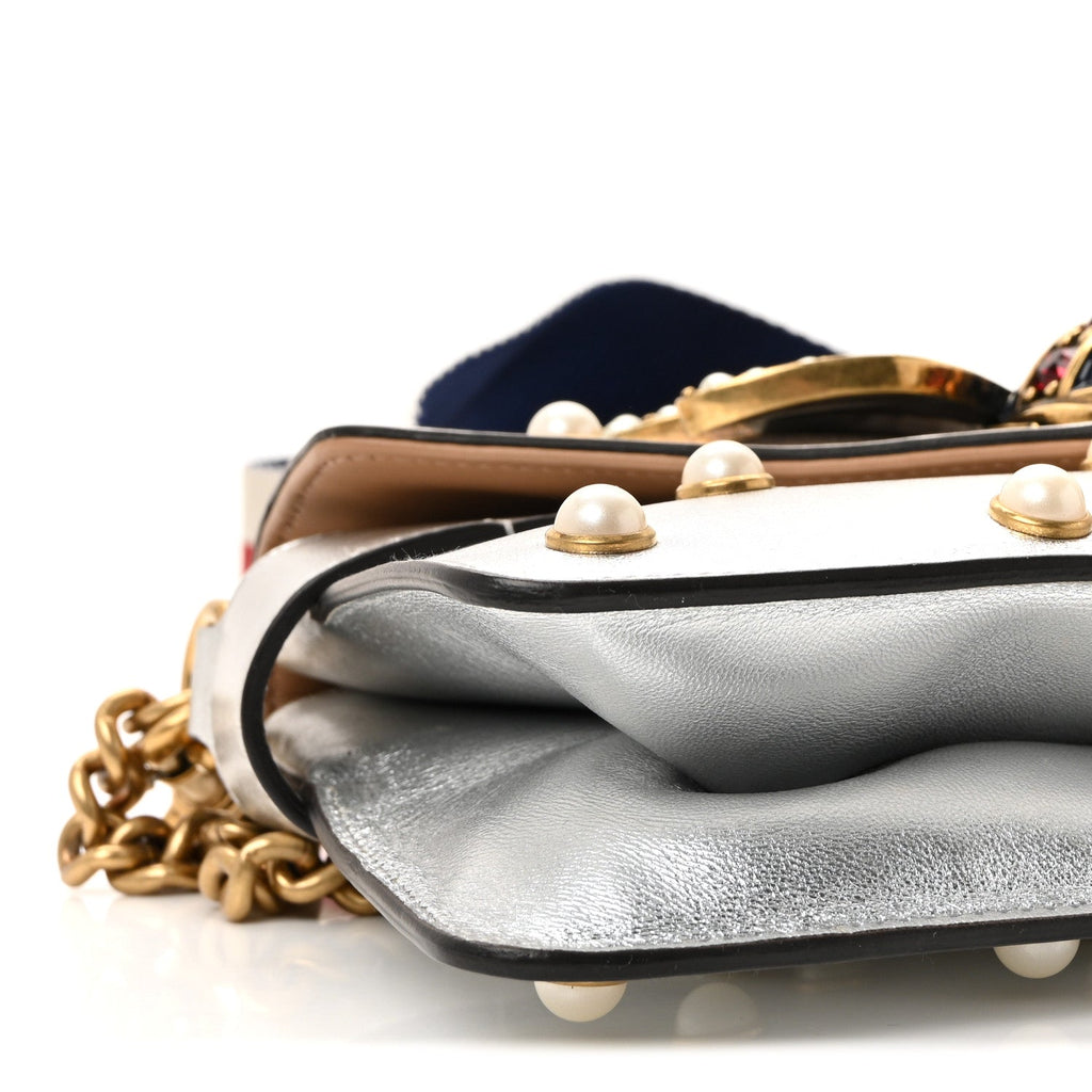 Metallic Nappa Pearl Studded Mini Queen Margaret Broadway Shoulder Bag Silver