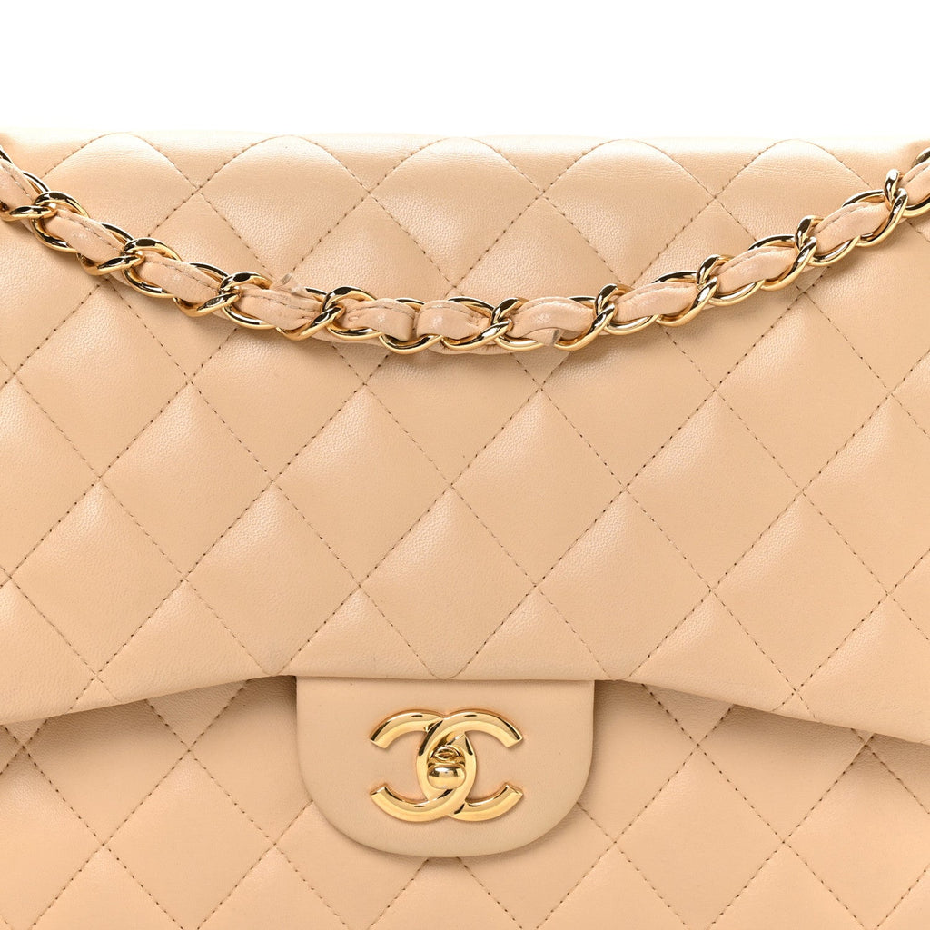 Lambskin Quilted Jumbo Double Flap Beige