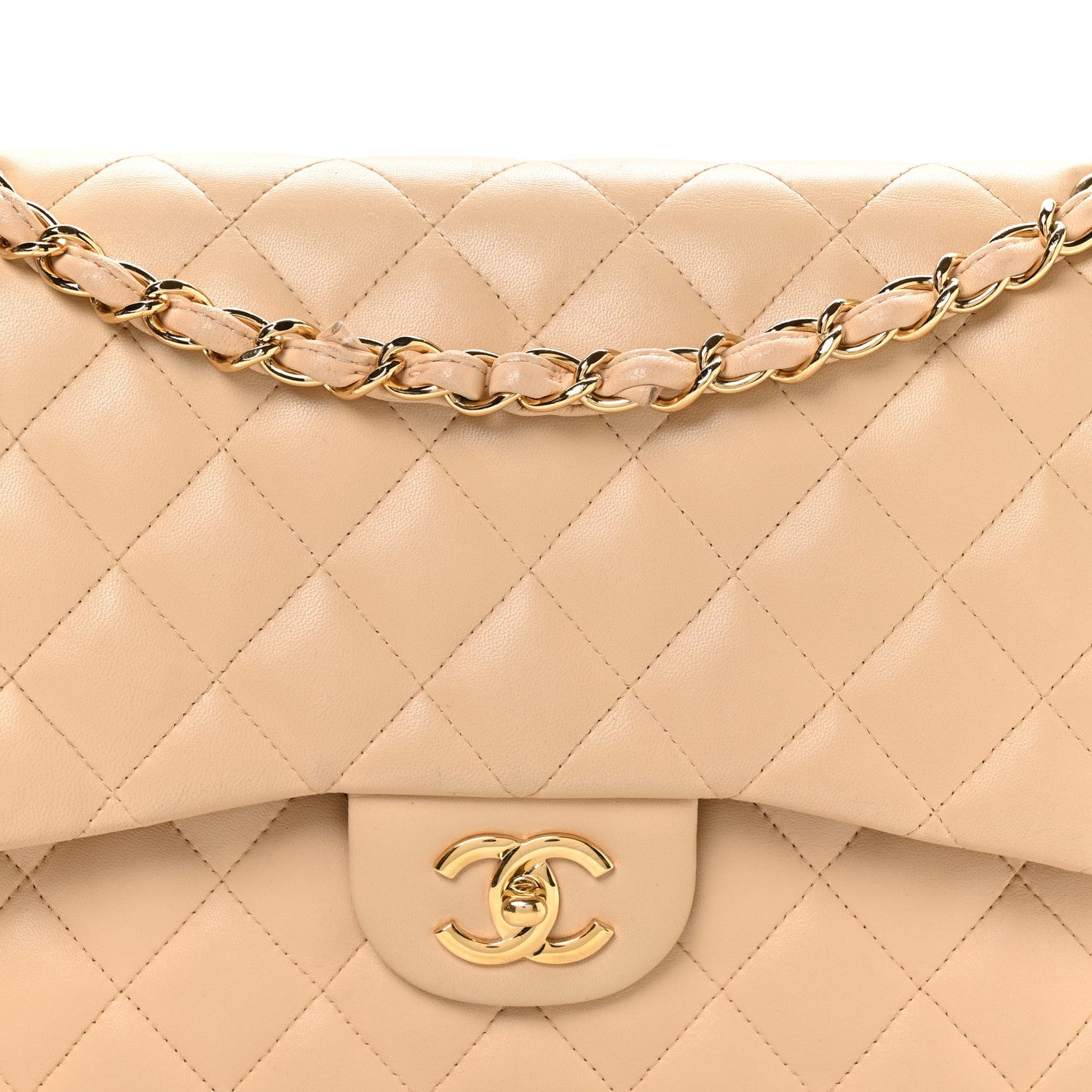 Lambskin Quilted Jumbo Double Flap Beige