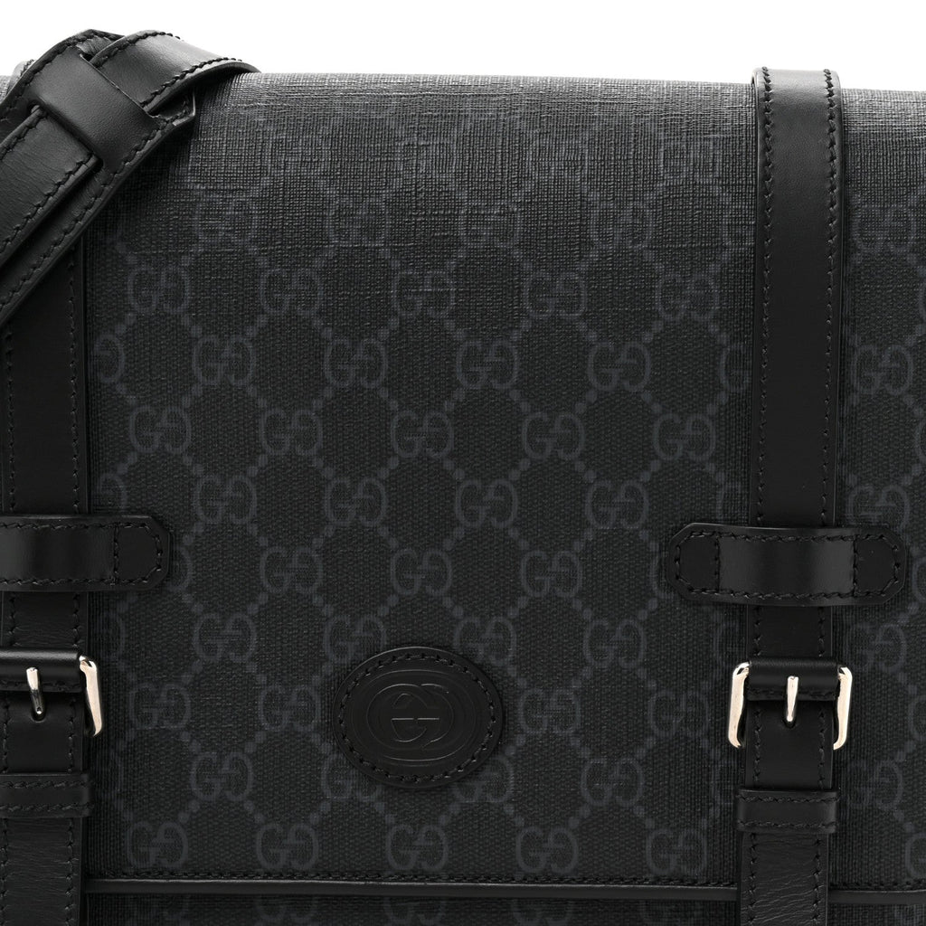 GG Supreme Monogram Textured Dollar Calfskin Retro Interlocking G Flap Messenger Bag Black