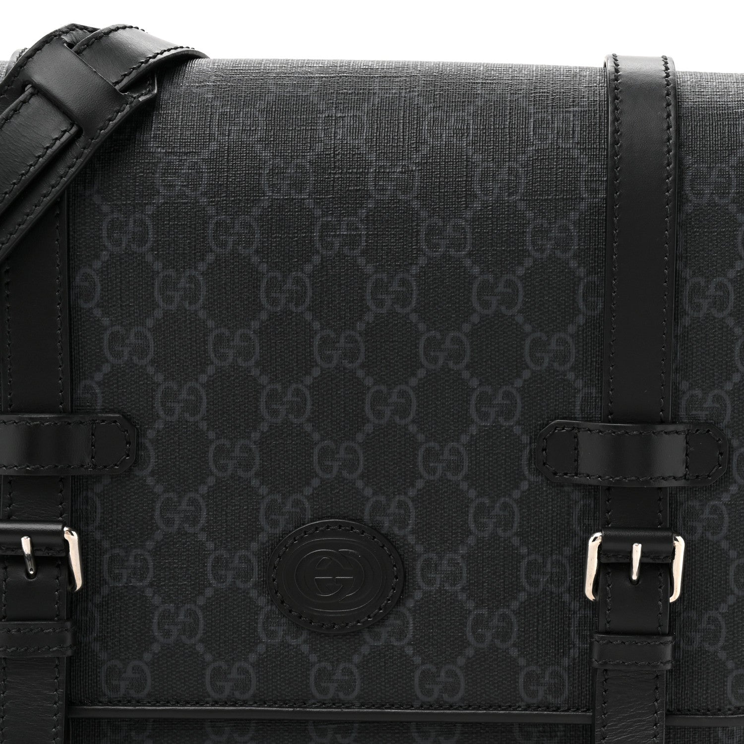 GG Supreme Monogram Textured Dollar Calfskin Retro Interlocking G Flap Messenger Bag Black