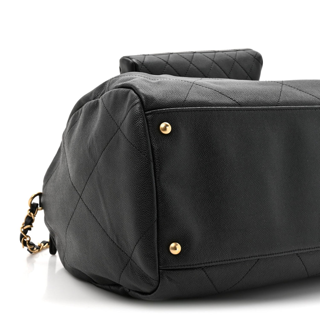 Grained Calfskin Lambskin Quilted Large Bowling Bag Black