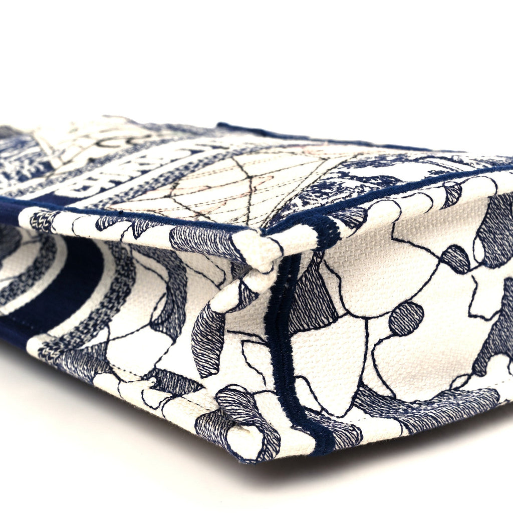 Canvas Embroidered Around The World Vertical Book Tote Blue