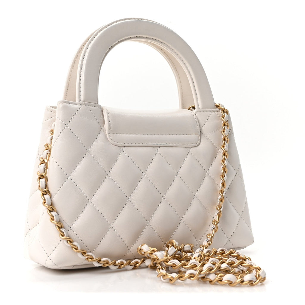 Shiny Aged Calfskin Quilted Nano Kelly Shopper White