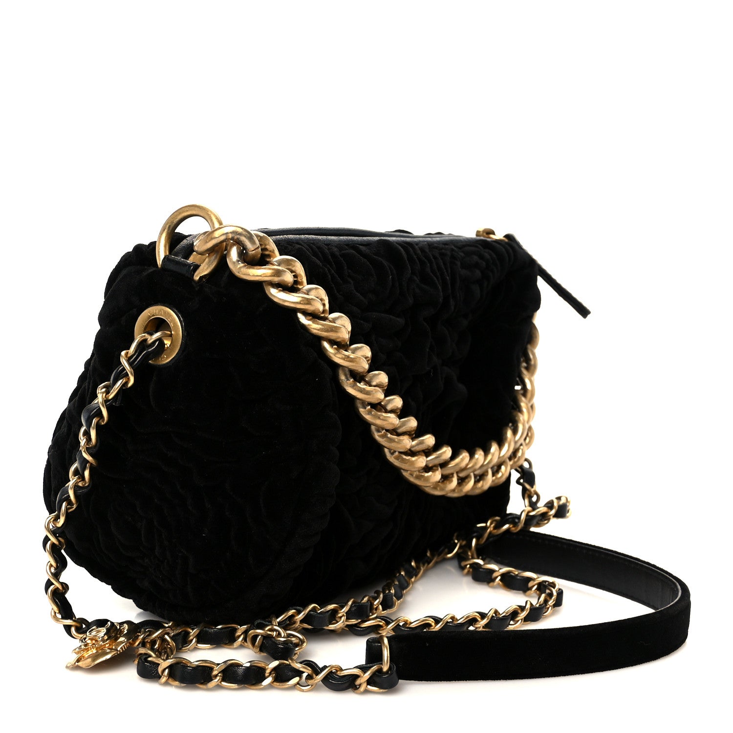 Velvet Camellia Embossed Barrel Clutch With Chain  Black