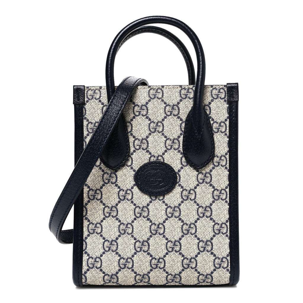 GG Supreme Monogram Textured Dollar Calfskin Mini Retro Interlocking G Tote Bag Beige Blue