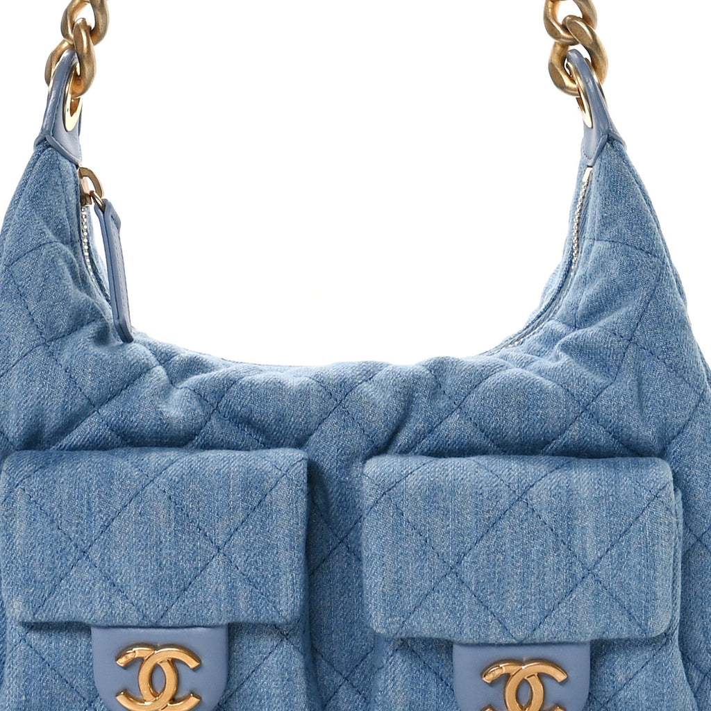 Washed Denim Quilted Cargo Large Hobo Light Blue