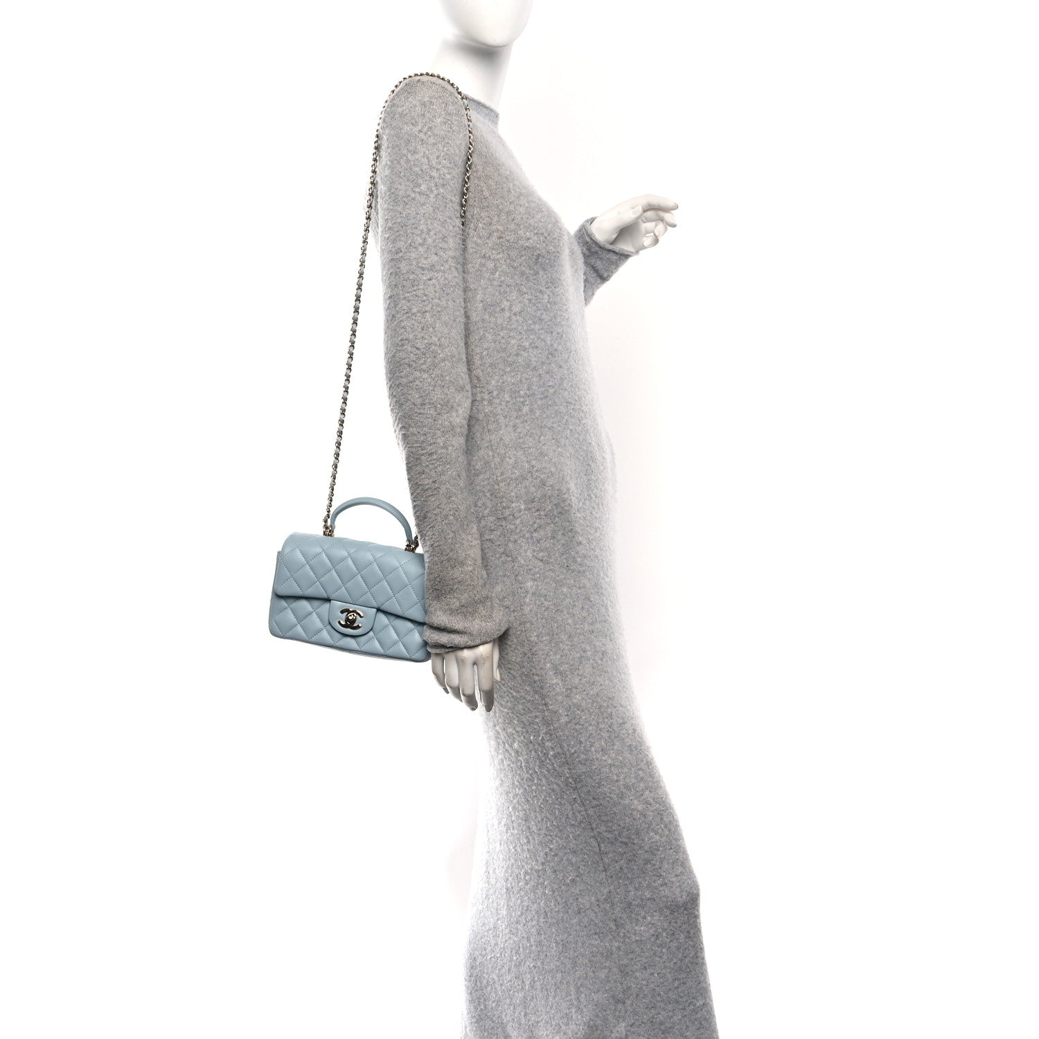 Lambskin Quilted Mini Top Handle Rectangular Flap Light Blue
