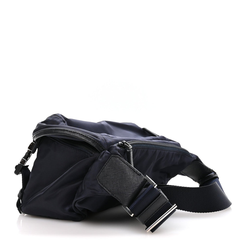Re-Nylon Saffiano Double Snap Buckle Zip Flap Shoulder Bag Bleu