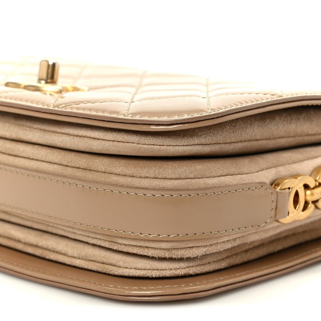 Shiny Calfskin Quilted Suede Goatskin Mini Messenger Beige
