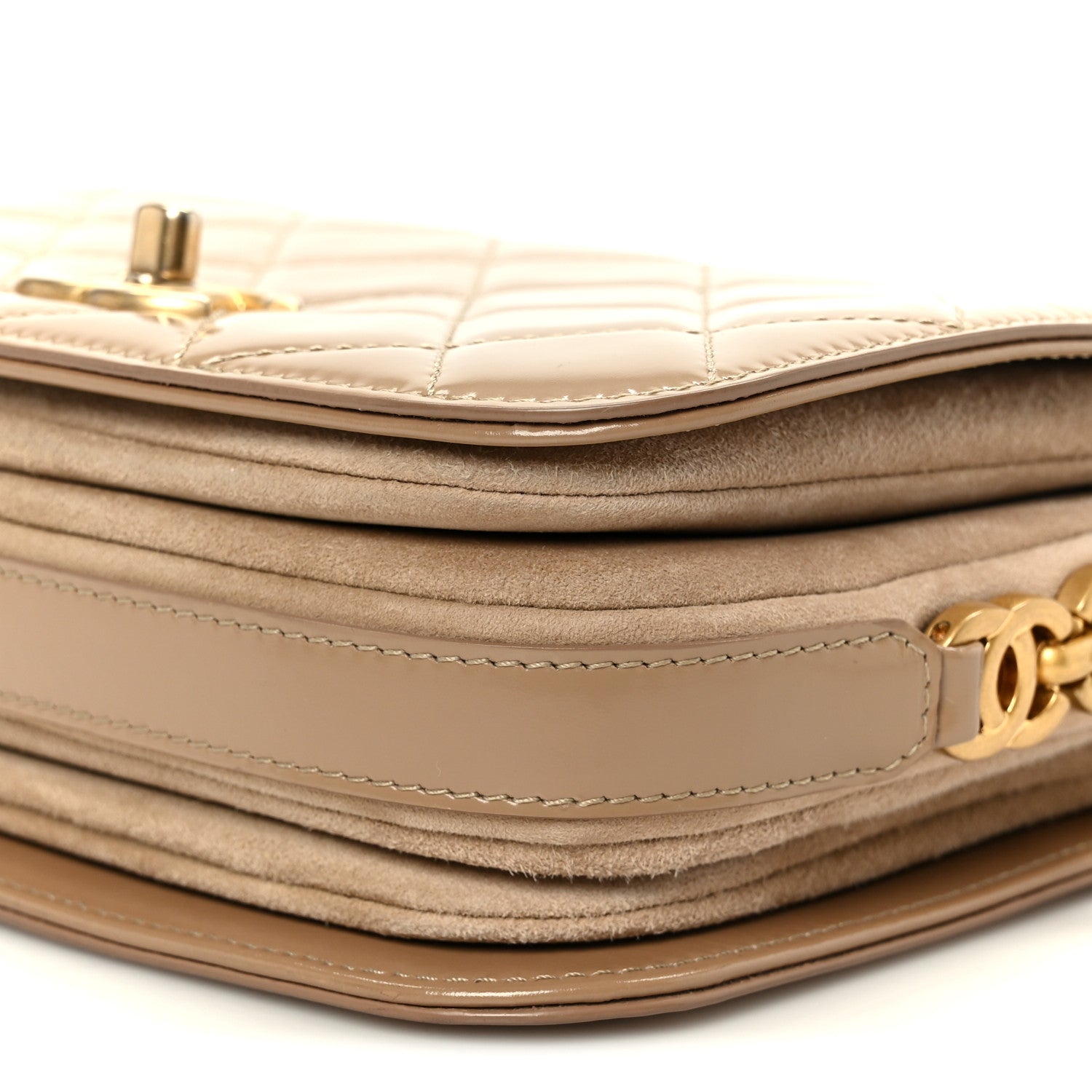 Shiny Calfskin Quilted Suede Goatskin Mini Messenger Beige