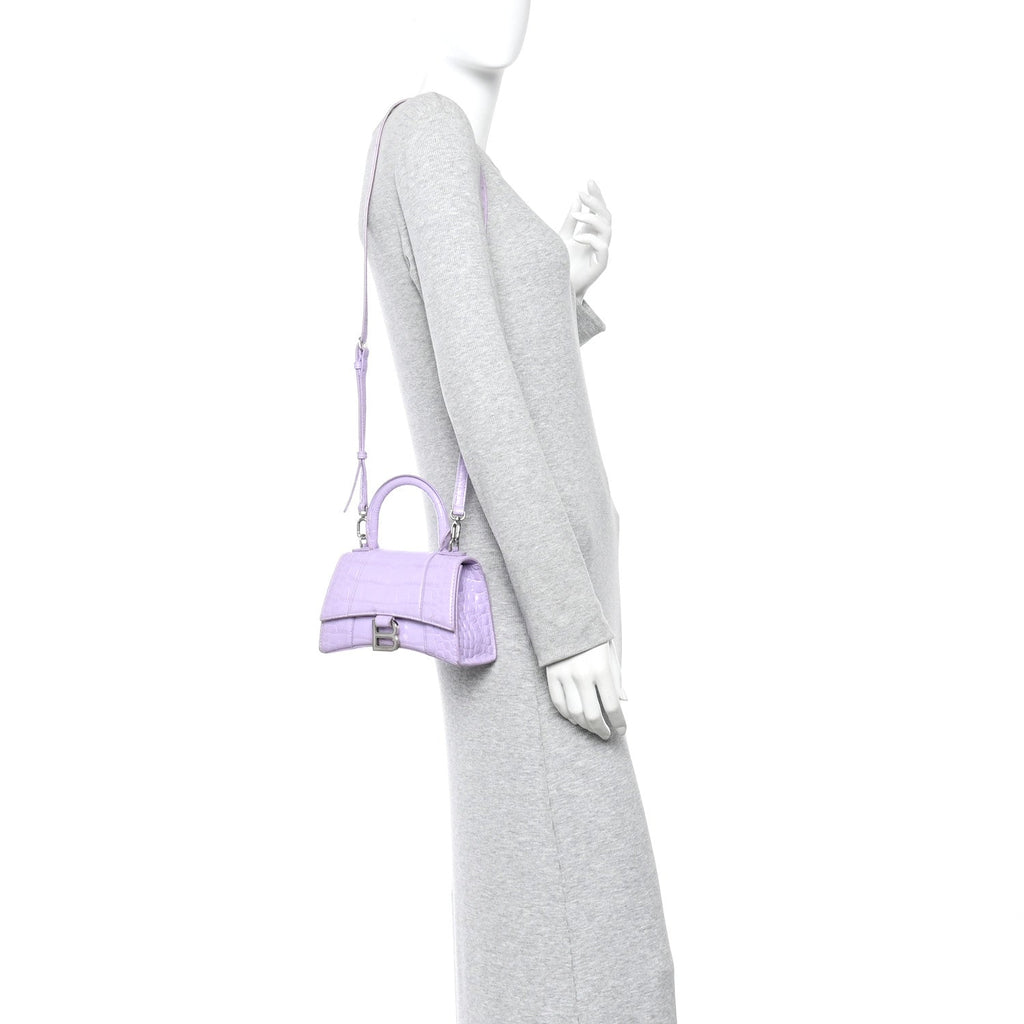 Shiny Calfskin Crocodile Embossed Hourglass Top Handle Bag XS Lilac