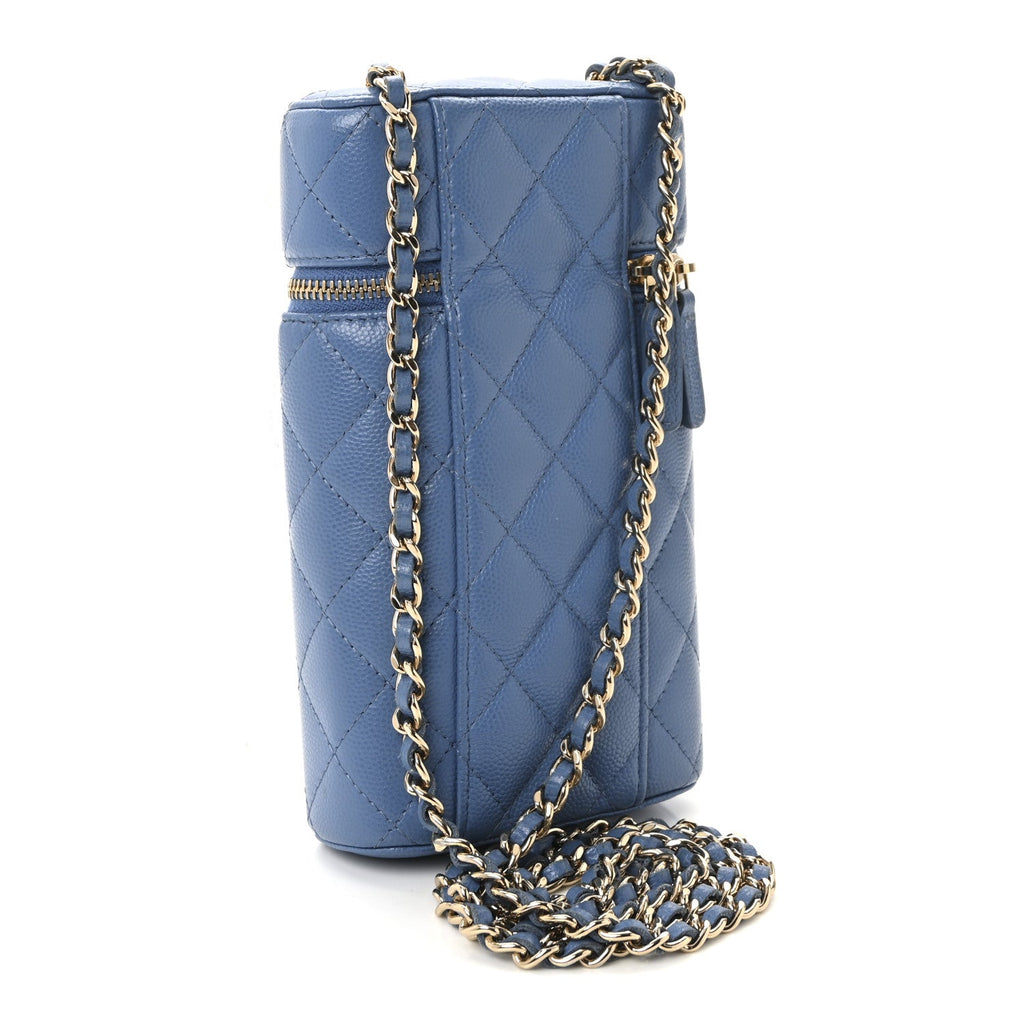 Caviar Quilted Phone Holder With Chain Blue
