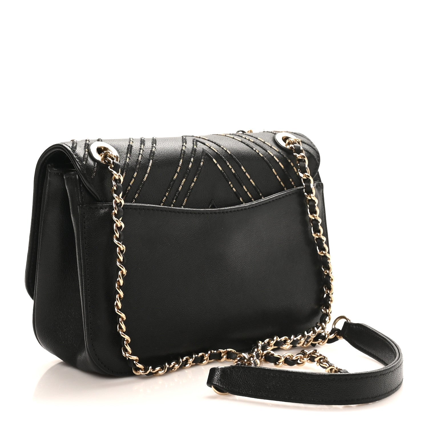 Calfskin Chevron Beaded Chain Mini Square Flap Black