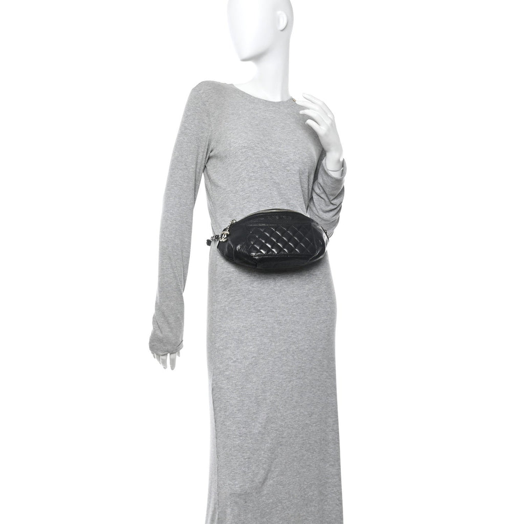 Crumpled Glazed Lambskin Quilted Waist Bag Fanny Pack Black