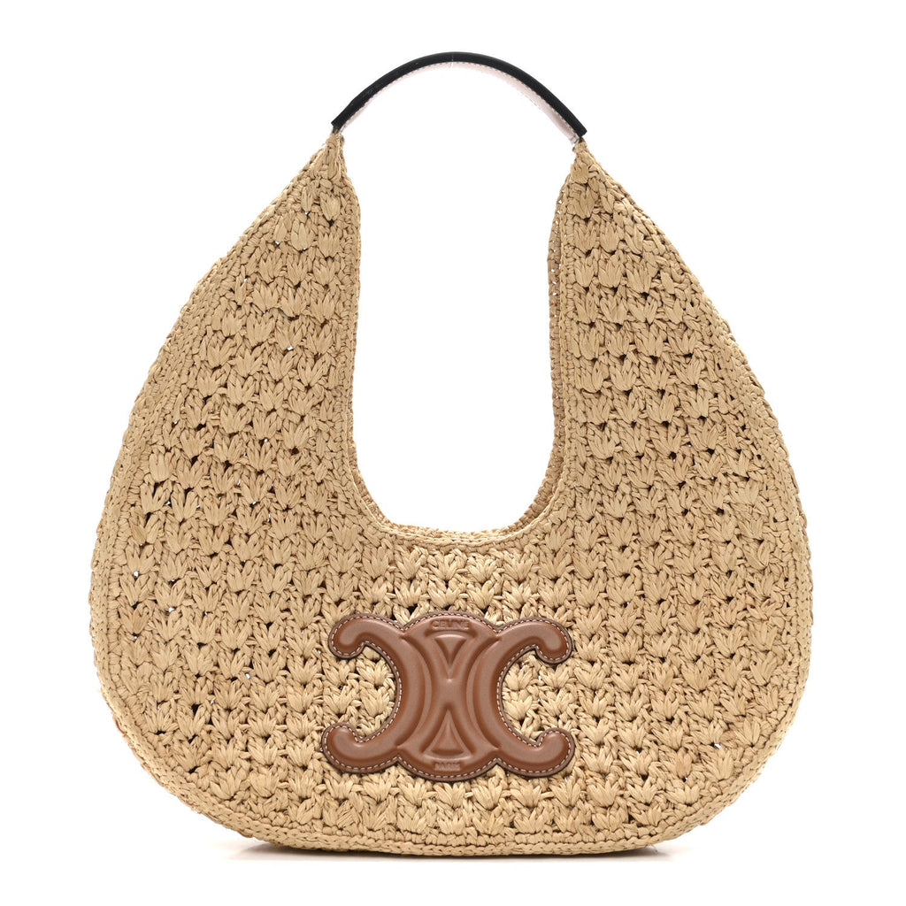 Raffia Calfskin Triomphe Panier Hobo Bag Natural Tan