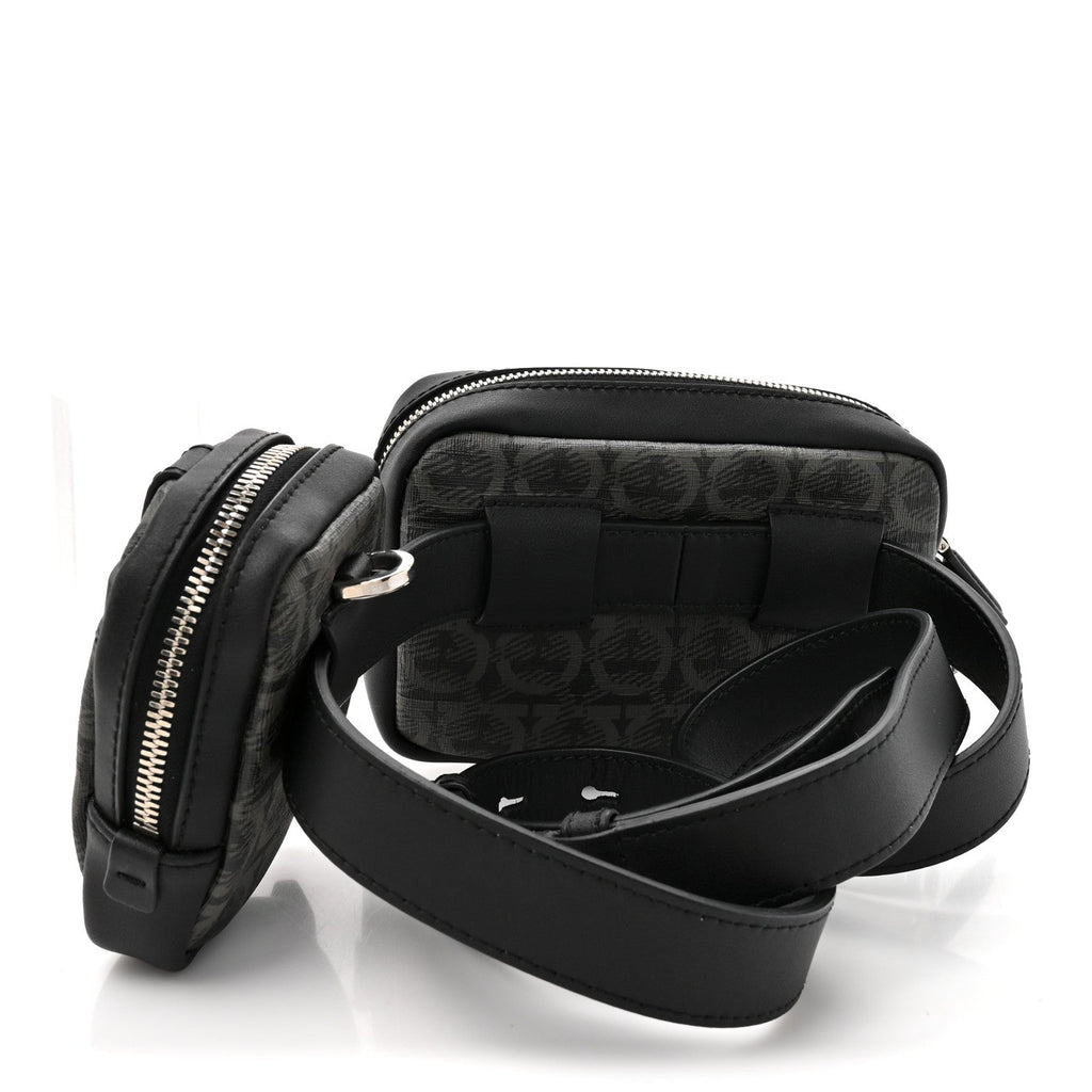 Gancini Monogram Calfskin Multi-Pouch Travel Belt Bag Black Grey
