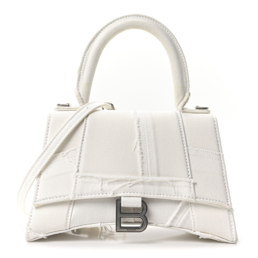 Denim Patchwork Small Hourglass Top Handle Bag Optic White