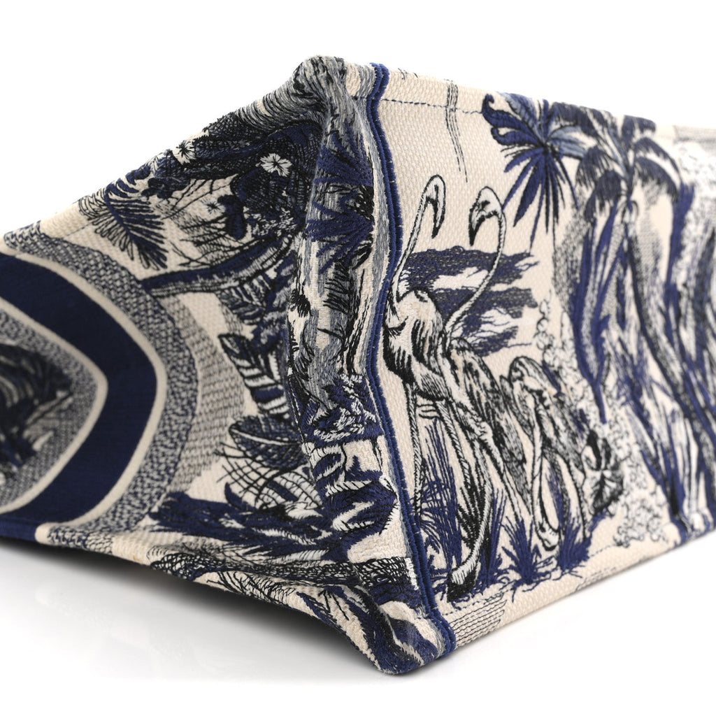 Canvas Embroidered Large Palm Tree Toile De Jouy Book Tote Blue