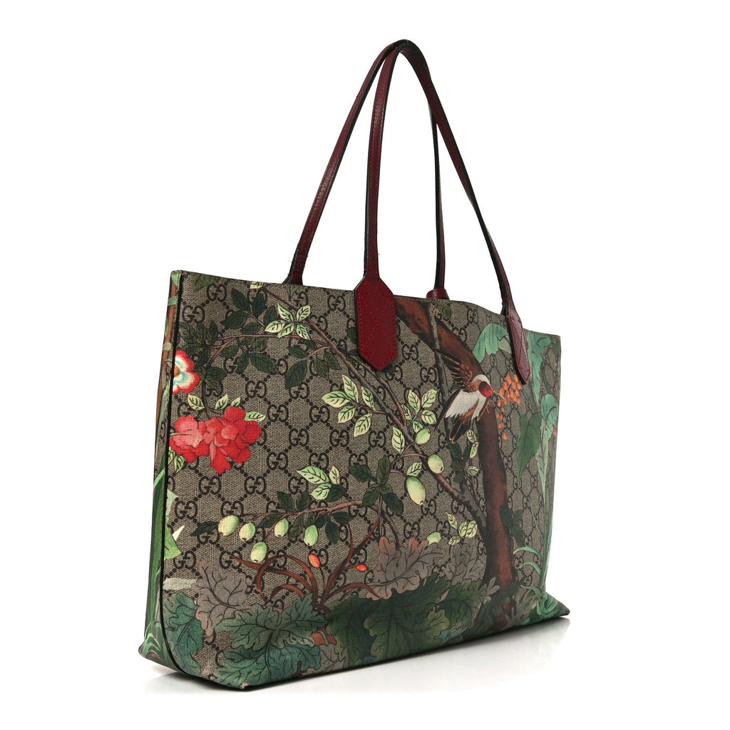 GG Supreme Monogram Tian Medium Shopping Tote Beige Multicolor Red