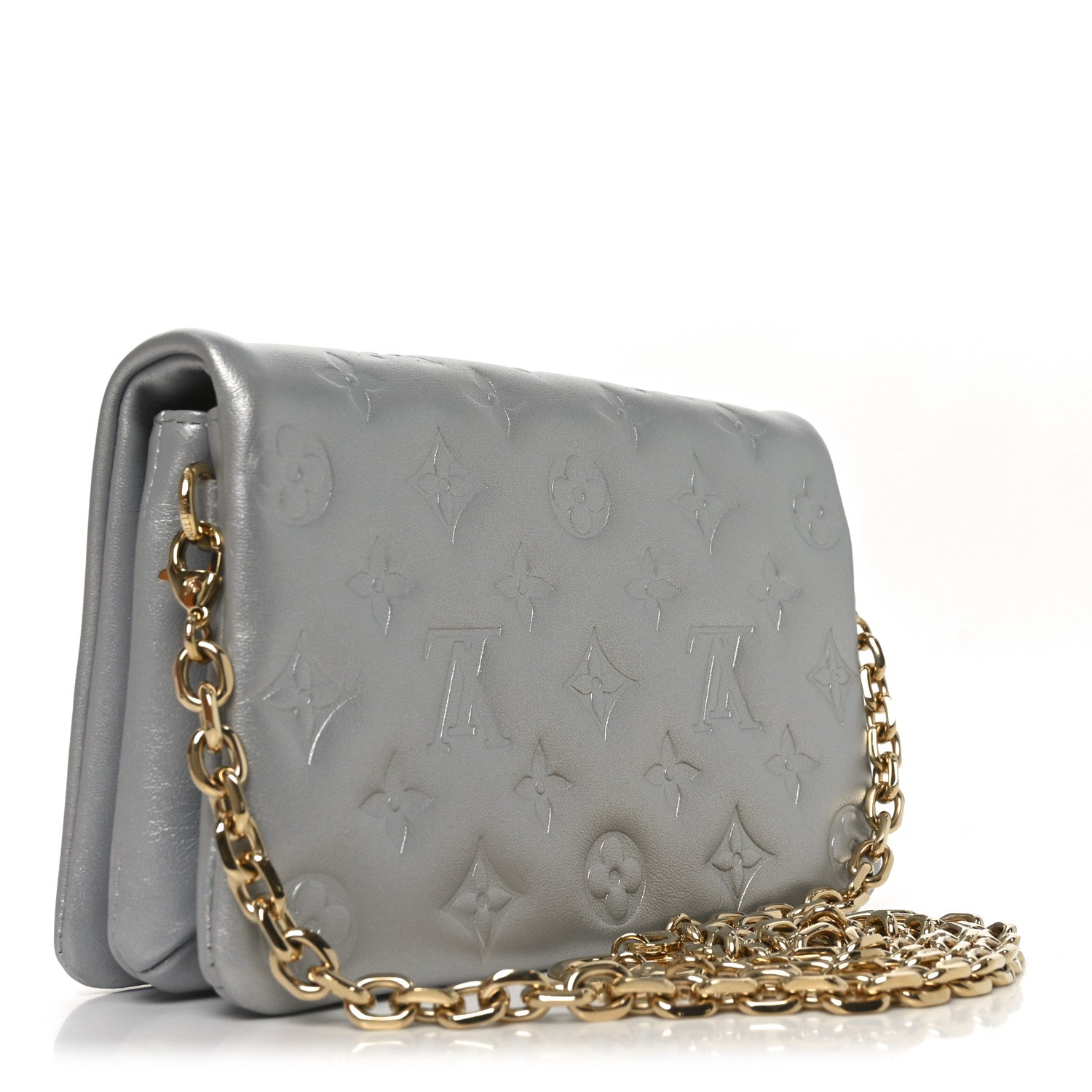 Metallic Lambskin Embossed Monogram Pochette Coussin Silver