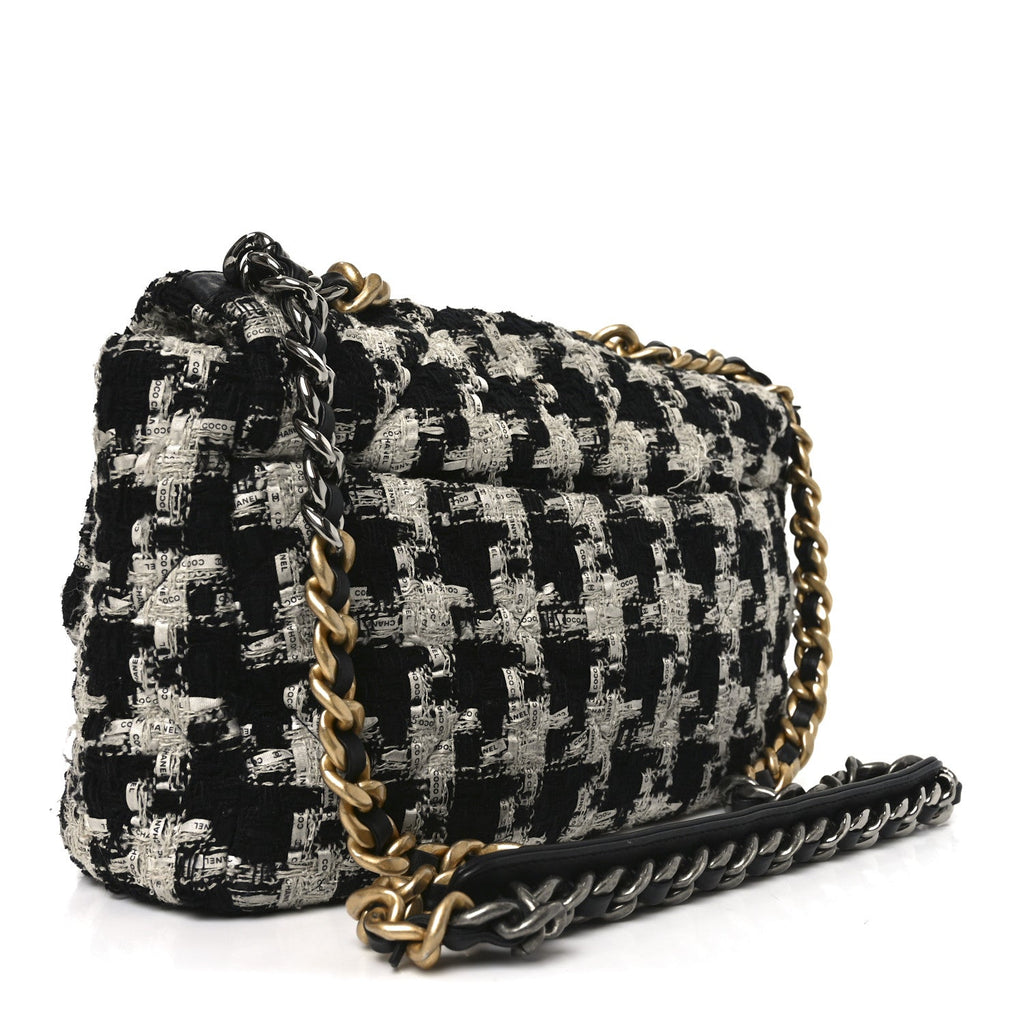 Tweed Quilted Large Chanel 19 Flap Black Ecru White