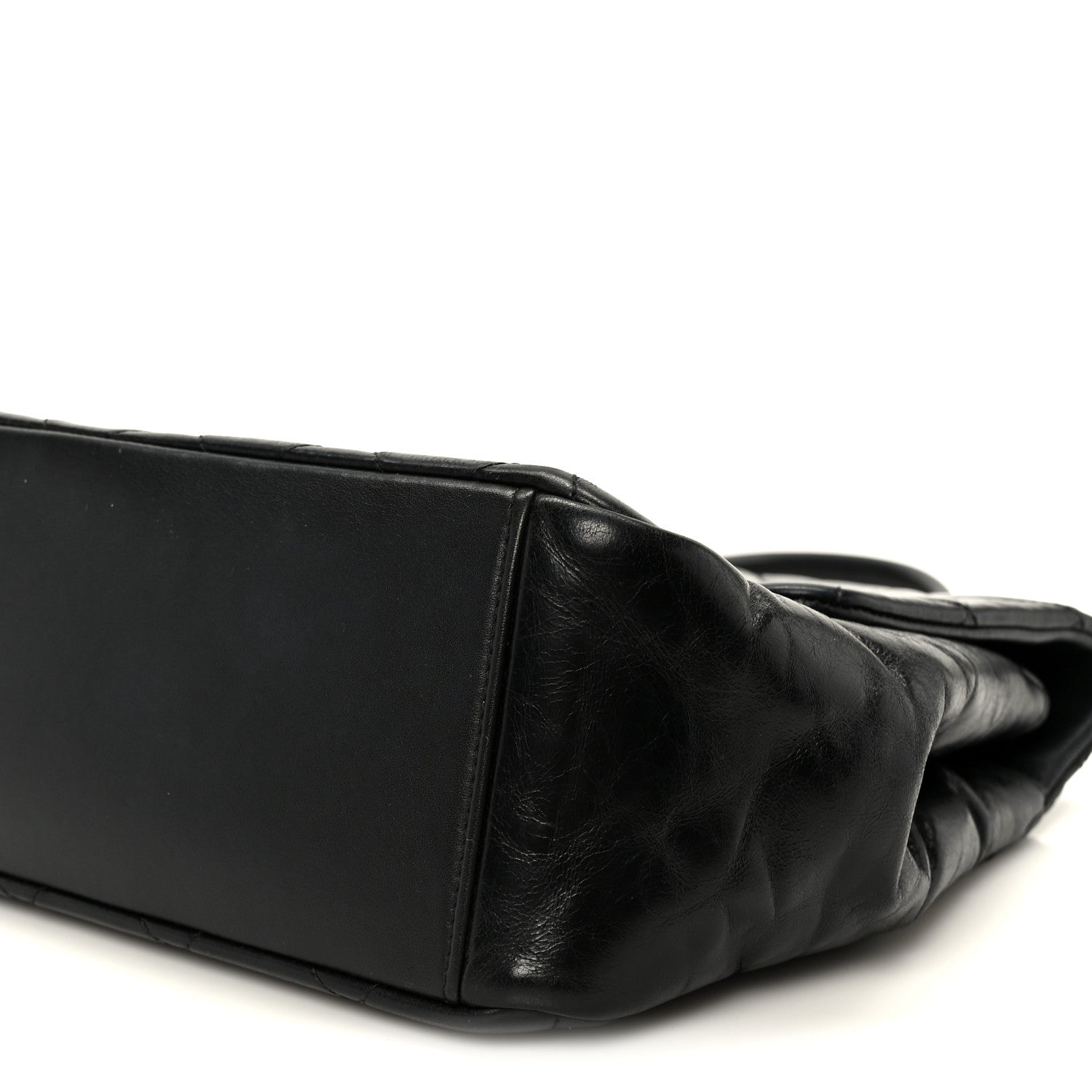 Glazed Calfskin Quilted Large Gold Bar Top Handle Flap Black