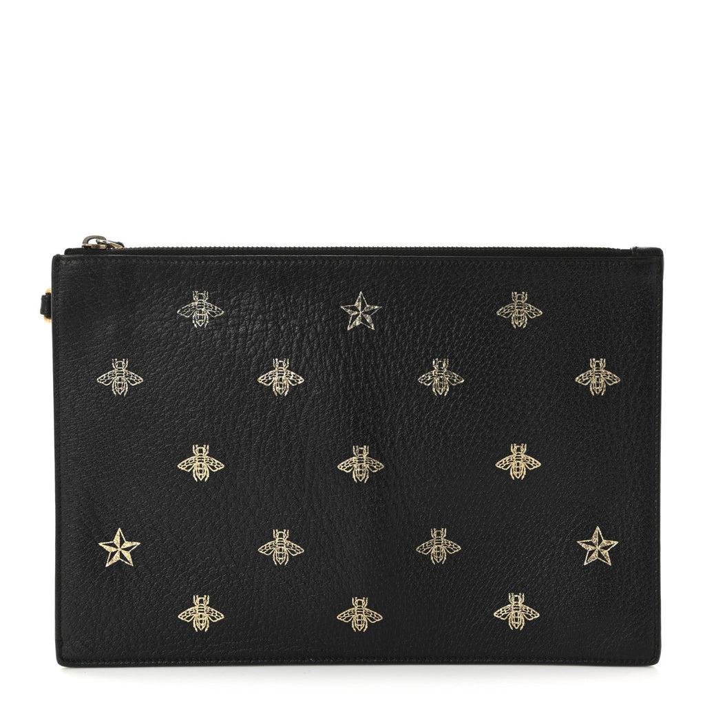 Dollar Calfskin Boar Effect Bee Star Zip Wristlet Pouch Black