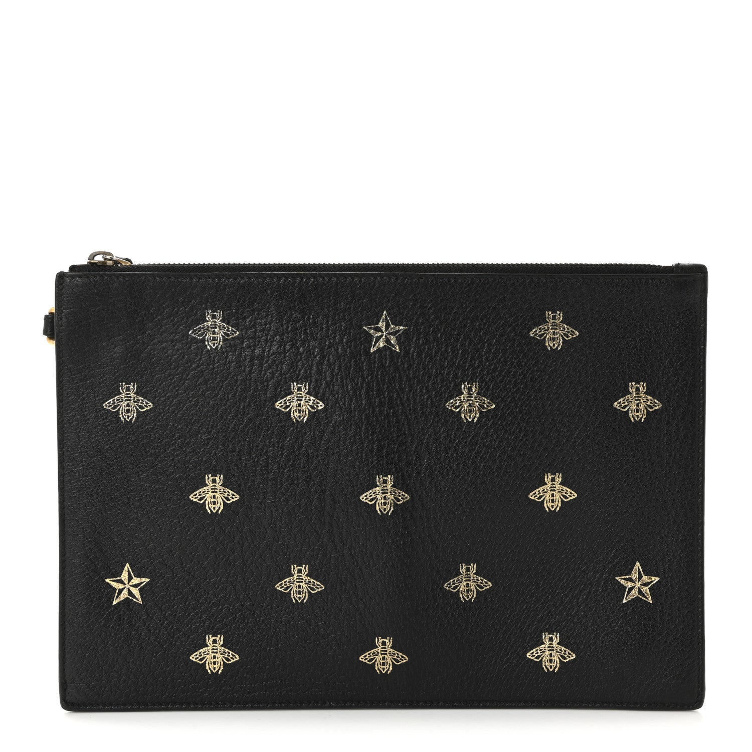 Dollar Calfskin Boar Effect Bee Star Zip Wristlet Pouch Black