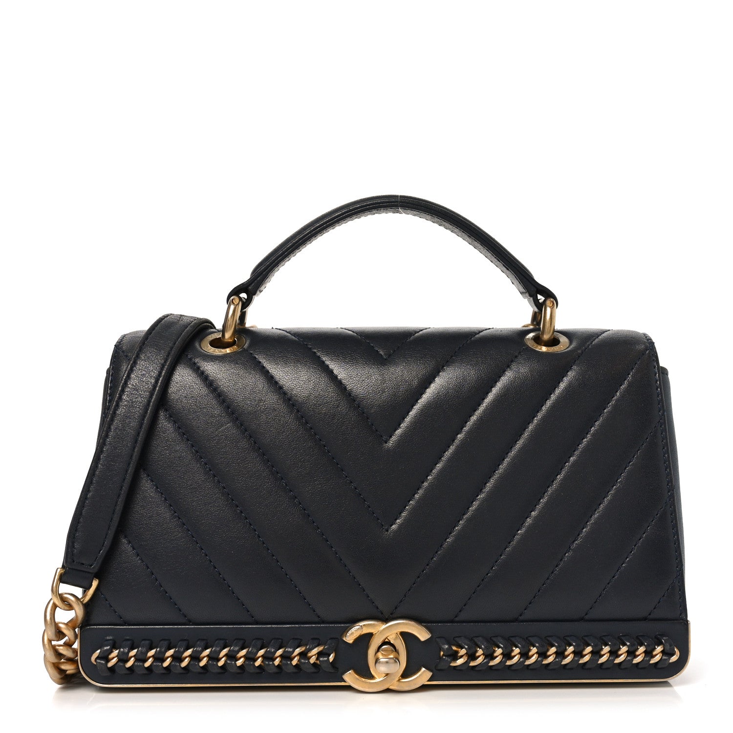 Sheepskin Chevron Stitched Chain Top Handle Flap Blue