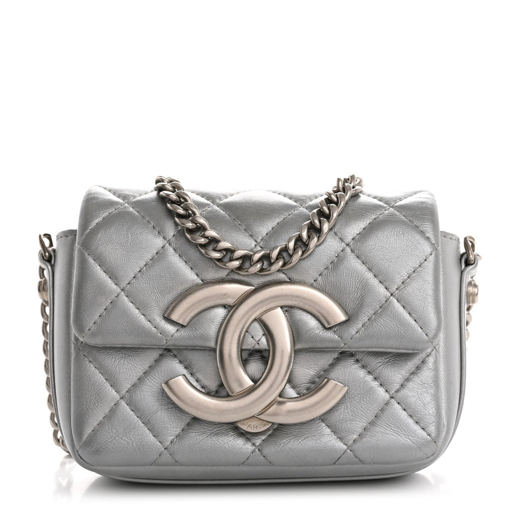 Metallic Lambskin Quilted Mini Giant CC Flap Argent