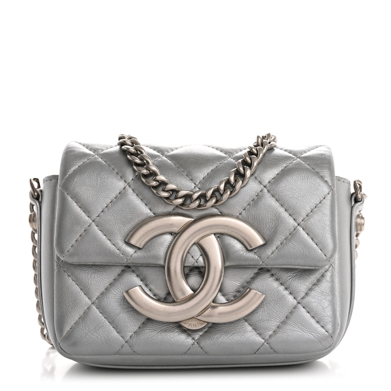 Metallic Lambskin Quilted Mini Giant CC Flap Argent