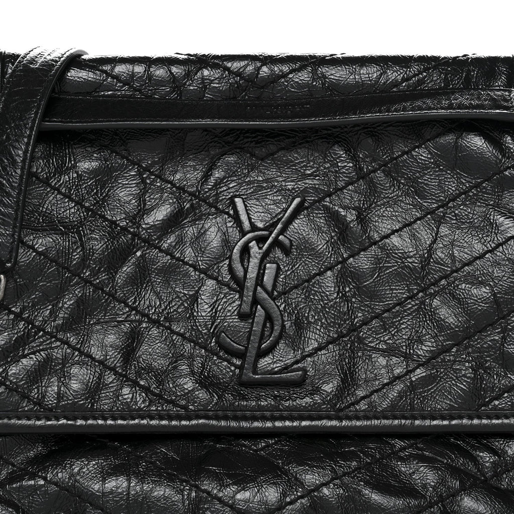 Crinkled Calfskin Matelasse Monogram Medium Niki Chain Satchel Black