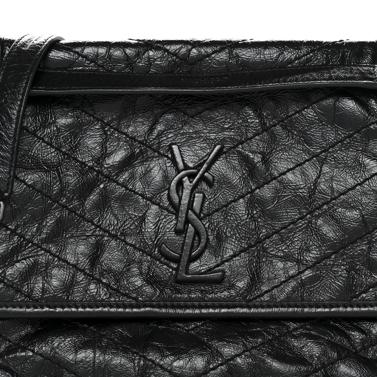 Crinkled Calfskin Matelasse Monogram Medium Niki Chain Satchel Black