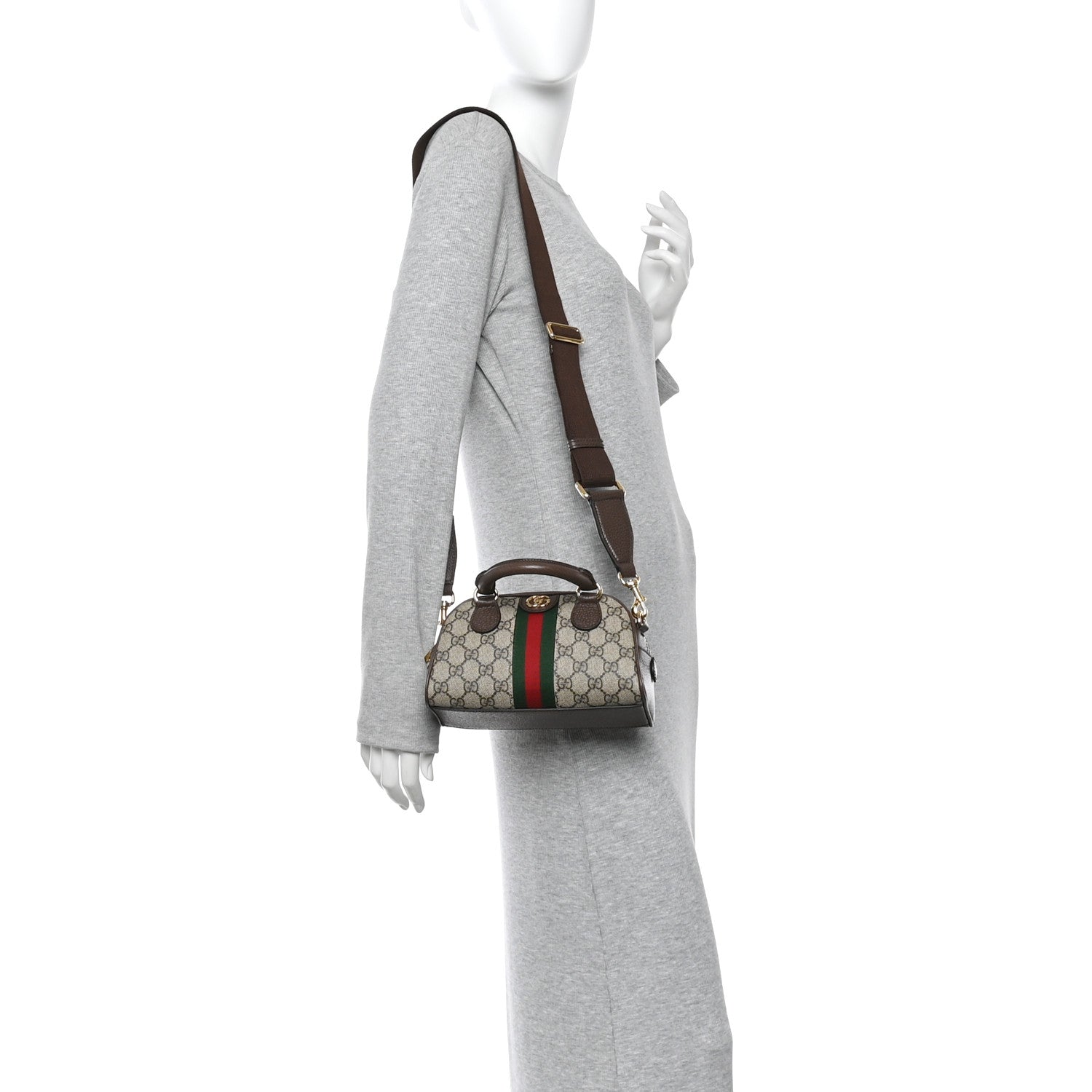 GG Supreme Monogram Textured Dollar Calfskin Web Mini Ophidia Top Handle Bowler Bag Beige Ebony New Acero