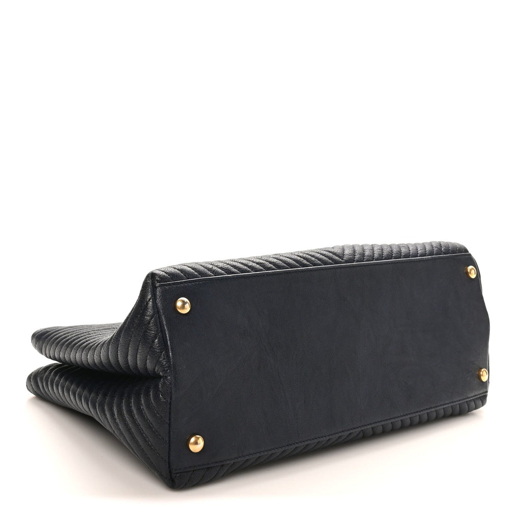Wrinkled Lambskin Chevron Quilted Surpique Tote Navy Blue