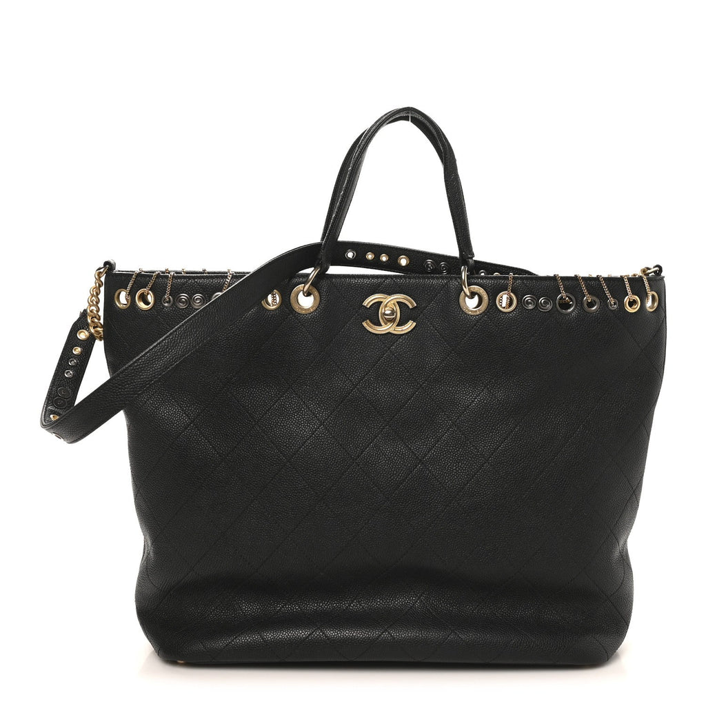 Caviar Quilted Grommet Embellished Piercing Chic Tote Bag Black