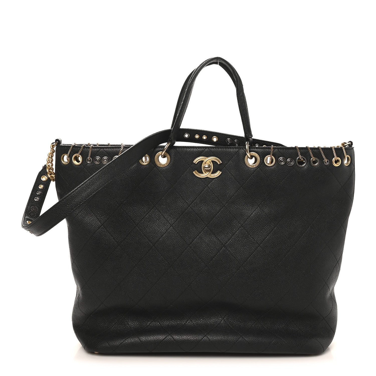 Caviar Quilted Grommet Embellished Piercing Chic Tote Bag Black