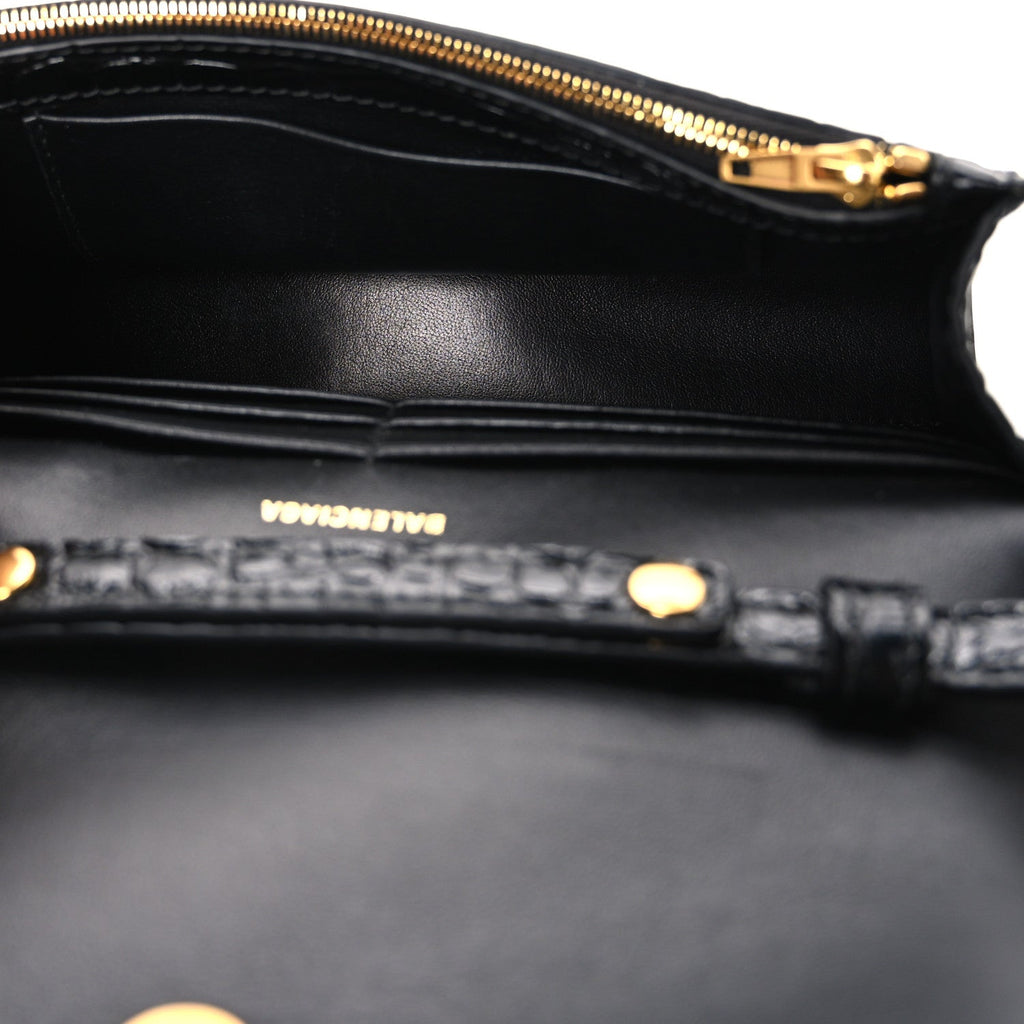 Shiny Calfskin Crocodile Embossed Hourglass Chain Bag Black