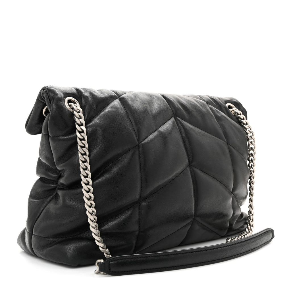 Lambskin Quilted Medium Loulou Puffer Monogram Chain Satchel Black