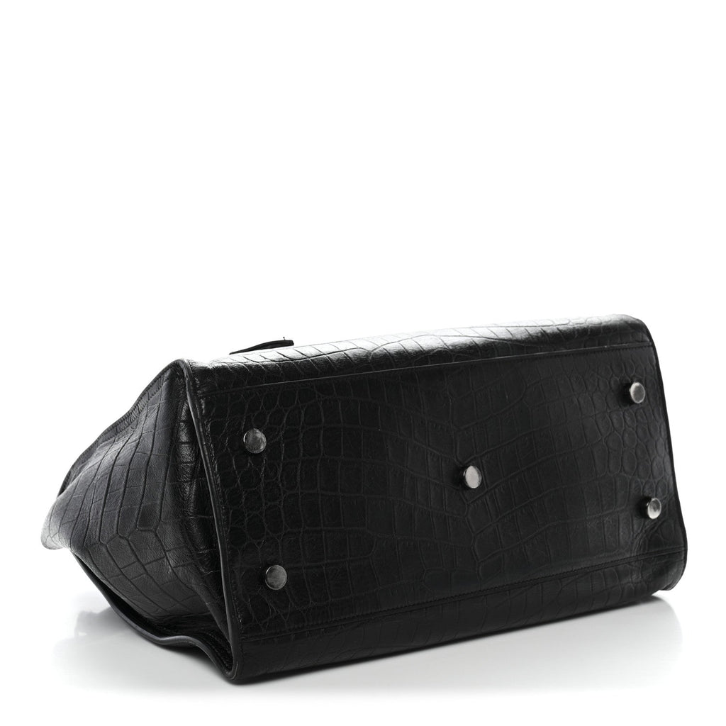Calfskin Crocodile Embossed Small Monogram Cabas Black