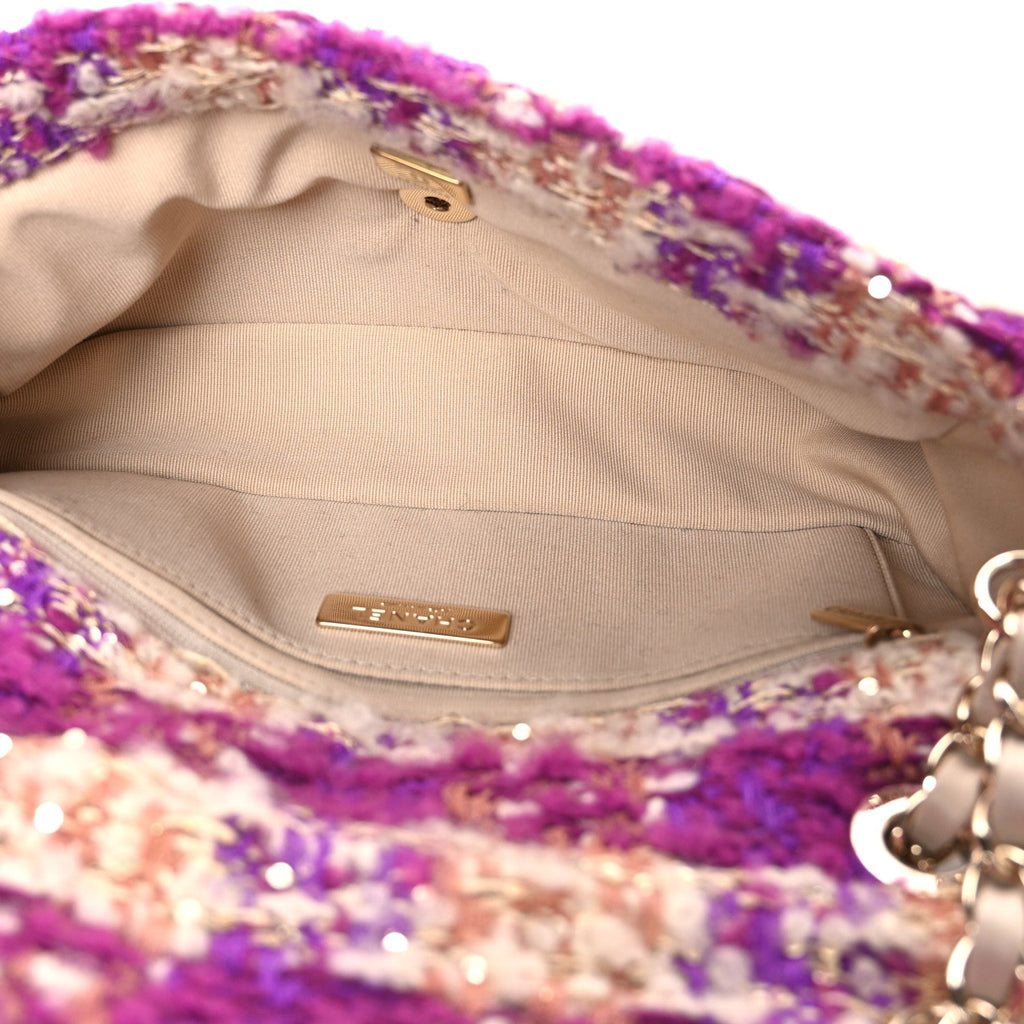 Tweed Shearling Large Flap Bag Purple Beige