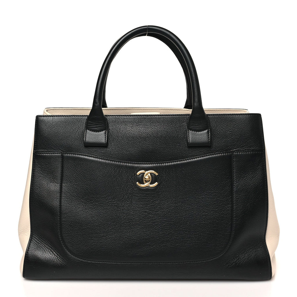 Grained Calfskin Medium Bi-Color Neo Executive Shopper Tote Black Beige